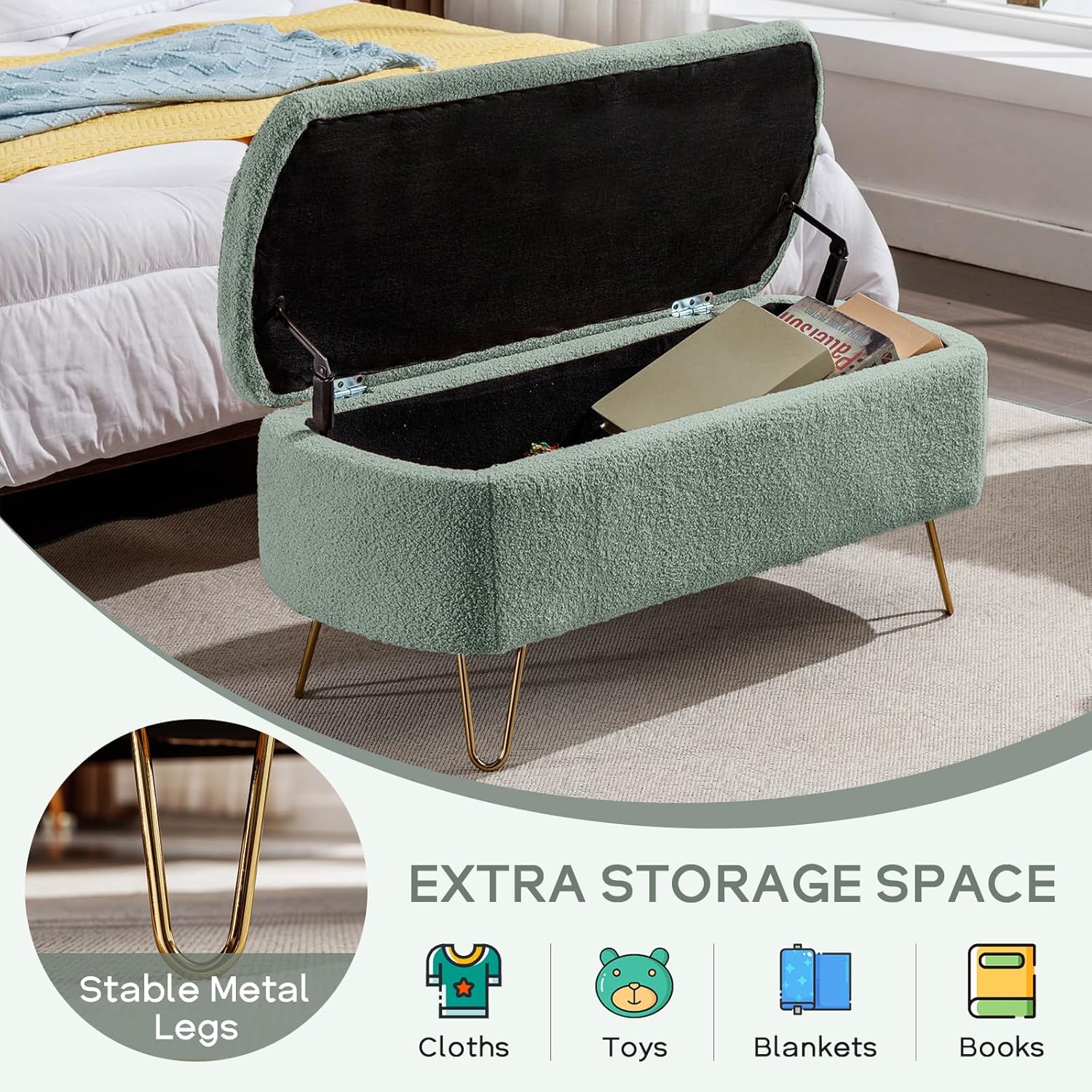 Modern Storage Ottoman Bench, Teddy Upholstered Entryway Bench with Gold Legs, Vintage End of Bed Bench with Safety Hinge, Padded Bench with Storage for Living Room, Bedroom, Entryway (Green)