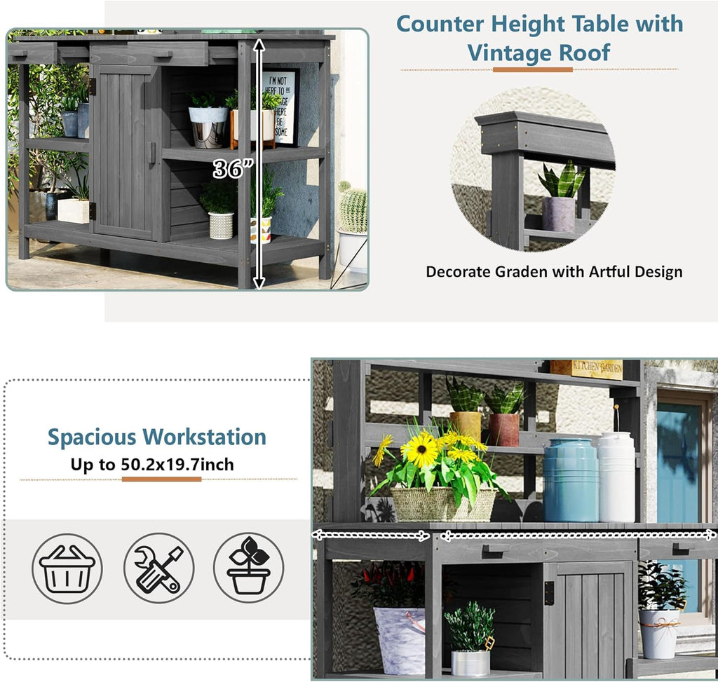 Outdoor Potting Bench with Open Shelves and Cabinet, 66 in | Fir wood, countertop, open shelves, enclosed cabinet, anti-fall device, garden workstation, 50.2 W x 19.7 D x 66 H in