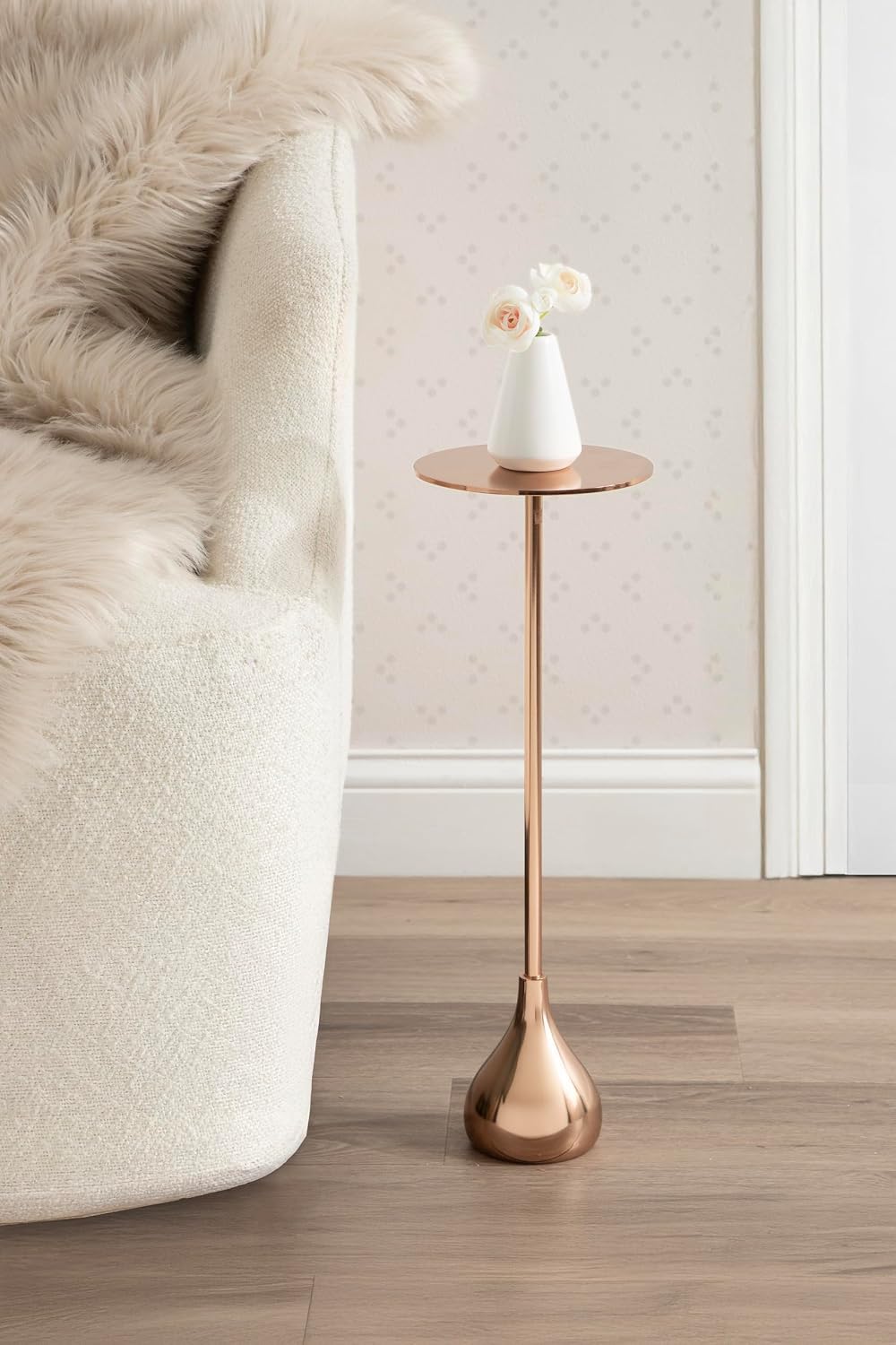 Kate and Laurel Hersi Decorative Modern Pedestal Drink Table, 7 x 7 x 20, Rose Gold, Cast Aluminum Mini Table with Teardrop Base for Use as Small Plant Stand or Living Room Martini Table