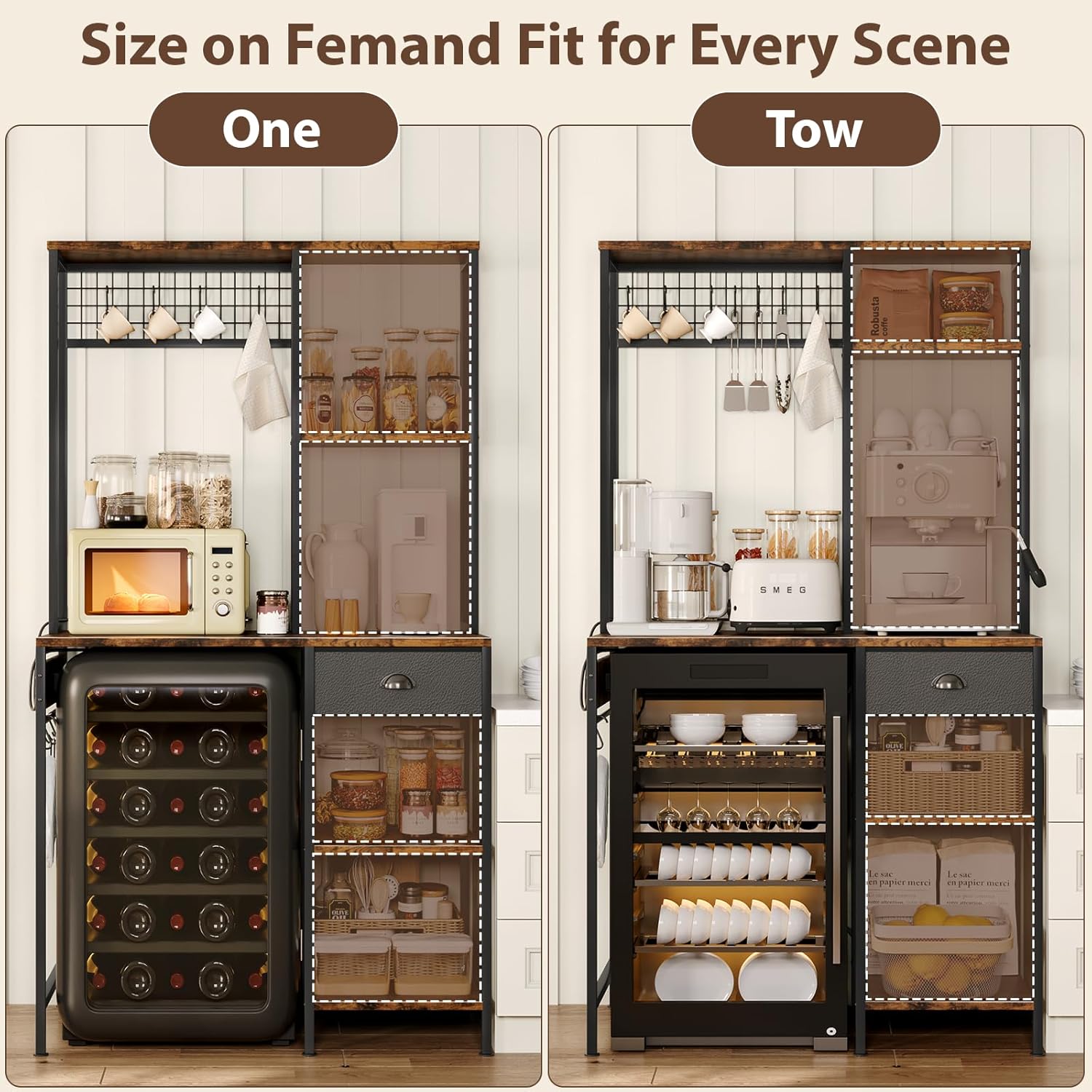 DreamDashio Over Mini Fridge Shelf with Power Outlet, 3-Tier Bakers Rack & Appliance Organizer for Microwave and Coffee Maker, Featuring Adjustable Shelves, Storage Drawer, 8 S-Hooks