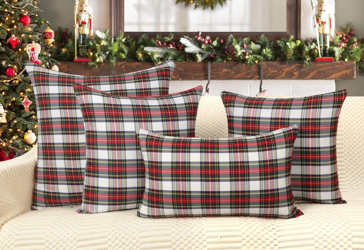 4TH Emotion Set of 2 Christmas Scottish Tartan Plaid Throw Pillow Covers Cushion Case Polyester for Farmhouse Home Decor Red and White, 20 x 20 Inches
