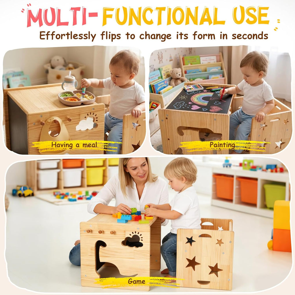 Montessori Weaning Table and Chair Set, 1-3 Year Old Kids Table and Chairs with Blackboard, Wooden Toddler Table and Chair Set Storage Hooks, Puzzle Storage Boards, for Dining, Sketching, and Reading
