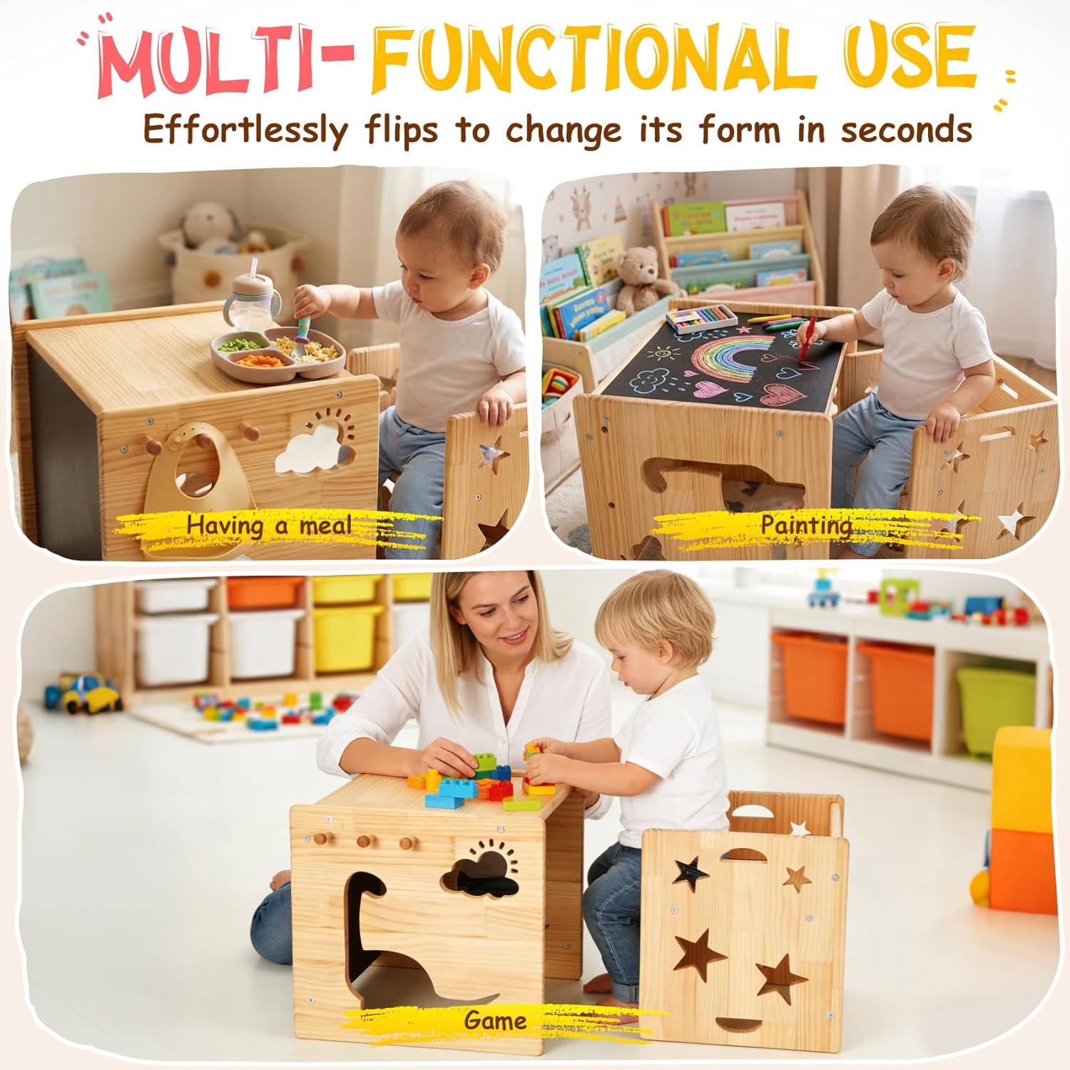 Montessori Weaning Table and Chair Set, 1-3 Year Old Kids Table and Chairs with Blackboard, Wooden Toddler Table and Chair Set Storage Hooks, Puzzle Storage Boards, for Dining, Sketching, and Reading