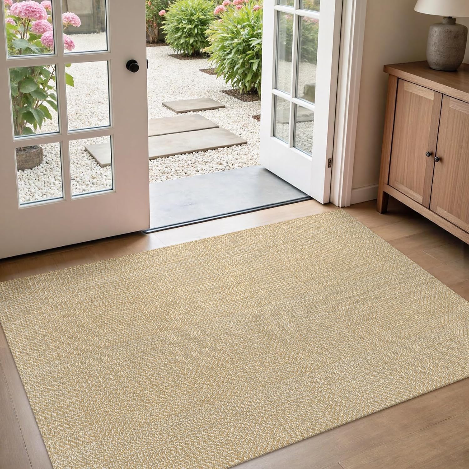 Rugalia Washable Woven Entryway Rug 3x5, Khaki Cotton Indoor Outdoor Doormat Low Plie Non-Slip Kitchen Mat, Modern Natural Floor Carpet for Porch Living Room Bedroom Patio