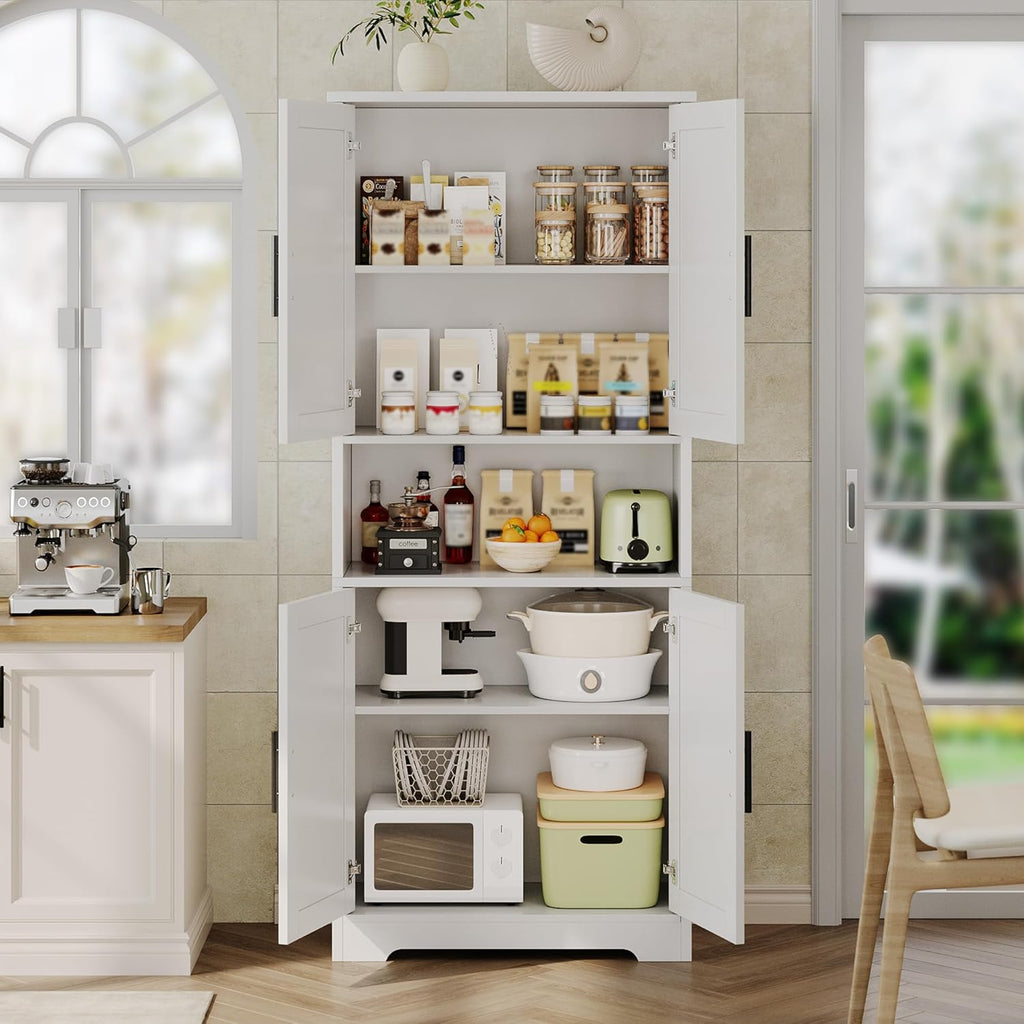 Tall Kitchen Pantry Cabinet with 4 Doors, 70 Inch Freestanding Storage Sideboard, Adjustable Shelves Wooden Cabinet for Living Room, Dining Room, Bathroom, Laundry Room Organization, White
