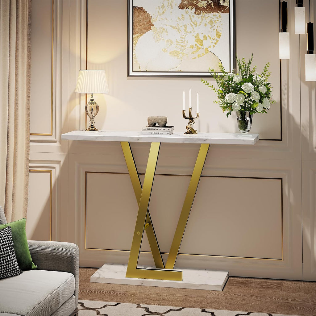 43.3" Gold Console Table, Modern Entryway Table with White Faux Marble Top & Metal Base, Narrow Sofa Table for Living Room, Hallway, Foyer
