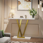 43.3" Gold Console Table, Modern Entryway Table with White Faux Marble Top & Metal Base, Narrow Sofa Table for Living Room, Hallway, Foyer
