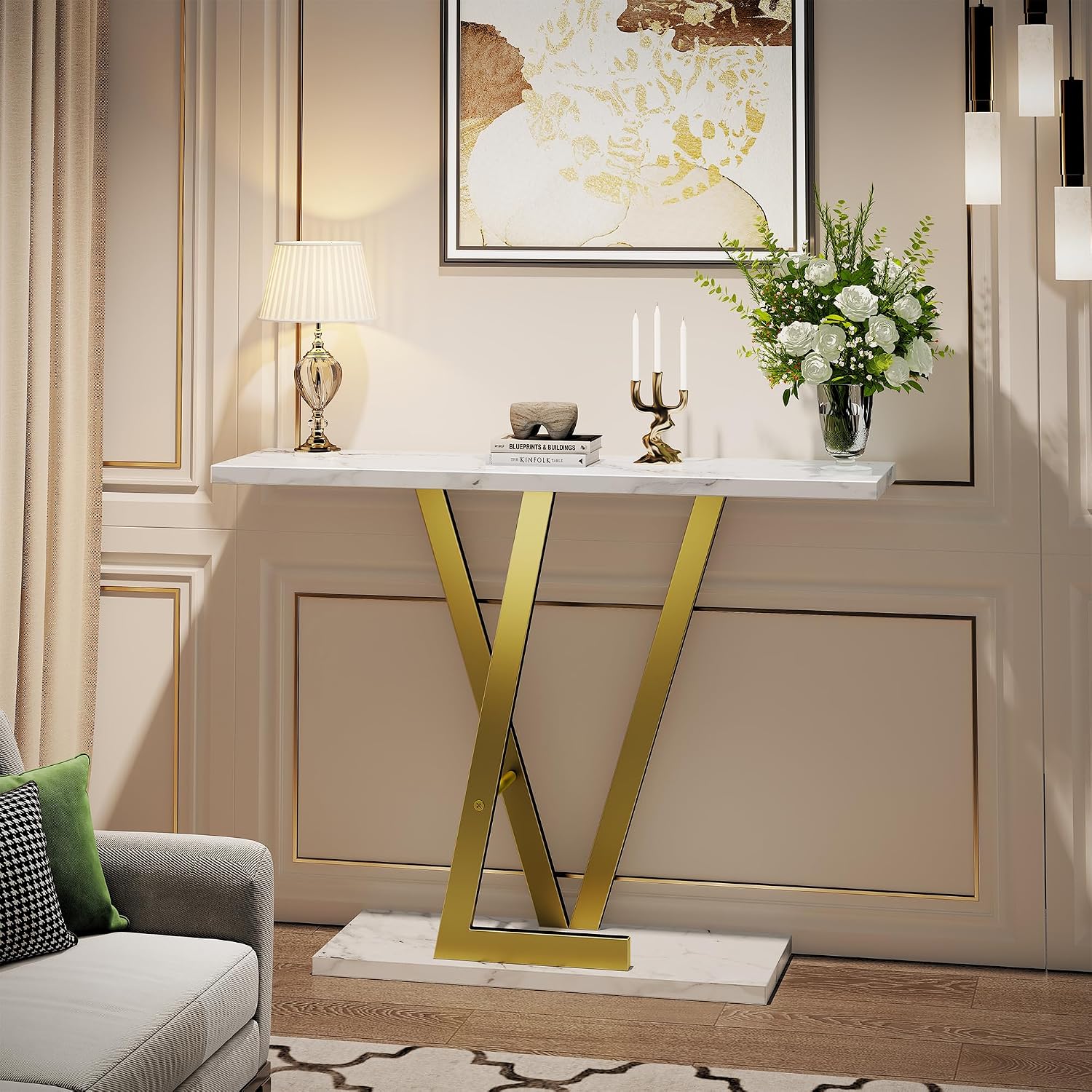 43.3" Gold Console Table, Modern Entryway Table with White Faux Marble Top & Metal Base, Narrow Sofa Table for Living Room, Hallway, Foyer