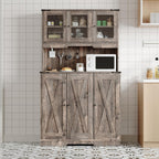 IDEALHOUSE Farmhouse Kitchen Pantry Cabinet with Charging Station & Storage Cabinet & Glass Display, 70" Tall Freestanding Hutch Cupboard with Countertop for Dining Room Living Room, Brown Wood