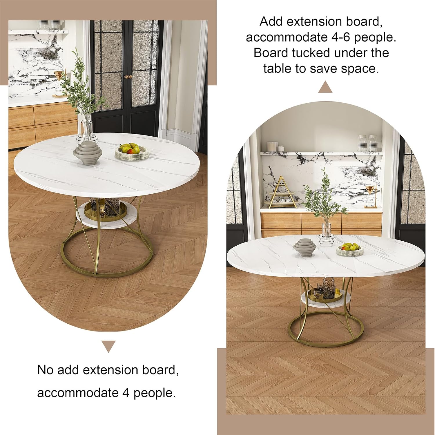 43"-59" Extendable Round Dining Table for 4-6, Modern Kitchen Table with Storage Shelf, Marble Veneer Top & Gold Metal Base Dining Room Table for Apartment