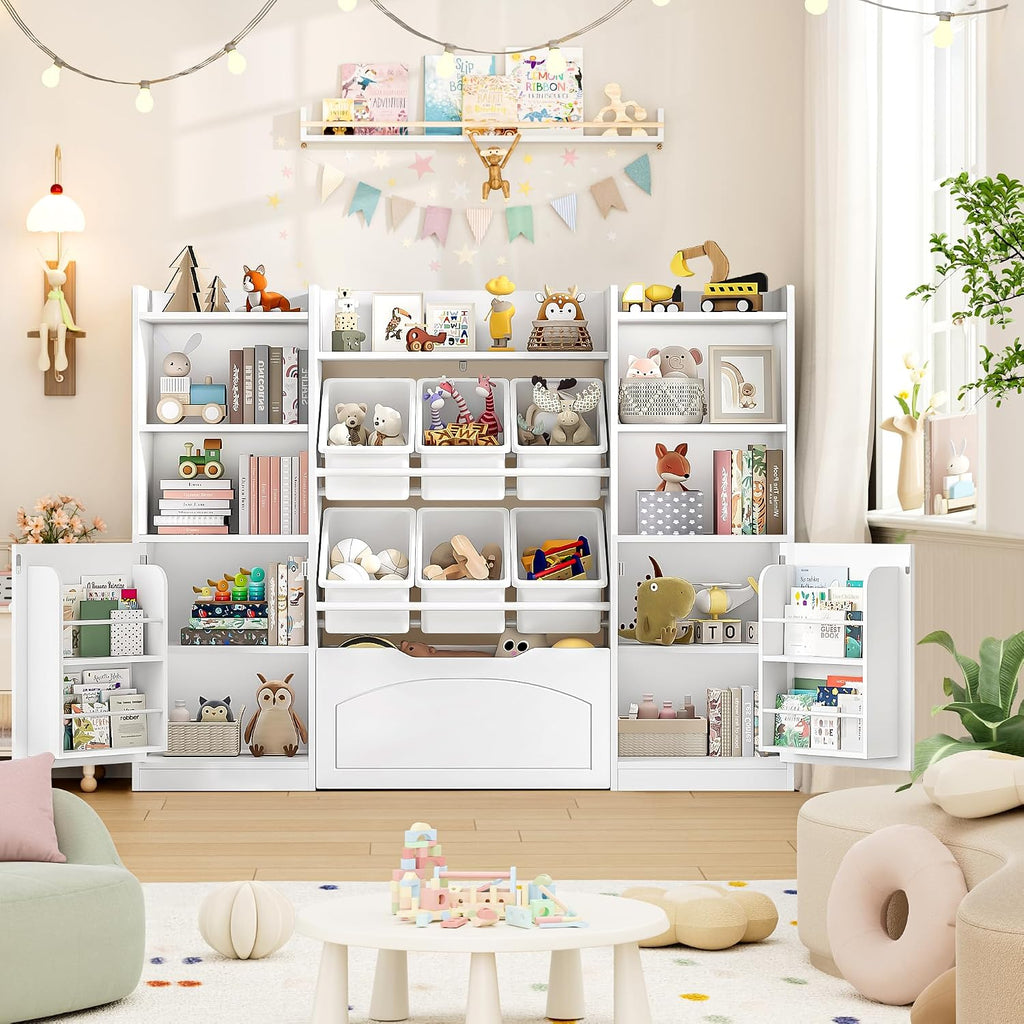 FINETONES 55” Toy Storage Organizer with 6 Toy Bins, 5-in-1 Large Kids Bookshelf with Movable Chests and 2-Tier Shelf Door, Toy Organizers and Storage Playroom Storage with Drawer, White
