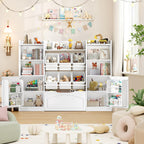 FINETONES 55” Toy Storage Organizer with 6 Toy Bins, 5-in-1 Large Kids Bookshelf with Movable Chests and 2-Tier Shelf Door, Toy Organizers and Storage Playroom Storage with Drawer, White