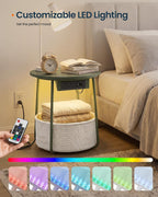 SONGMIC HOME LED Round Side End Table, Nightstand with Charging Station and Lights, Fabric Basket, for Living Room, Green and Brown