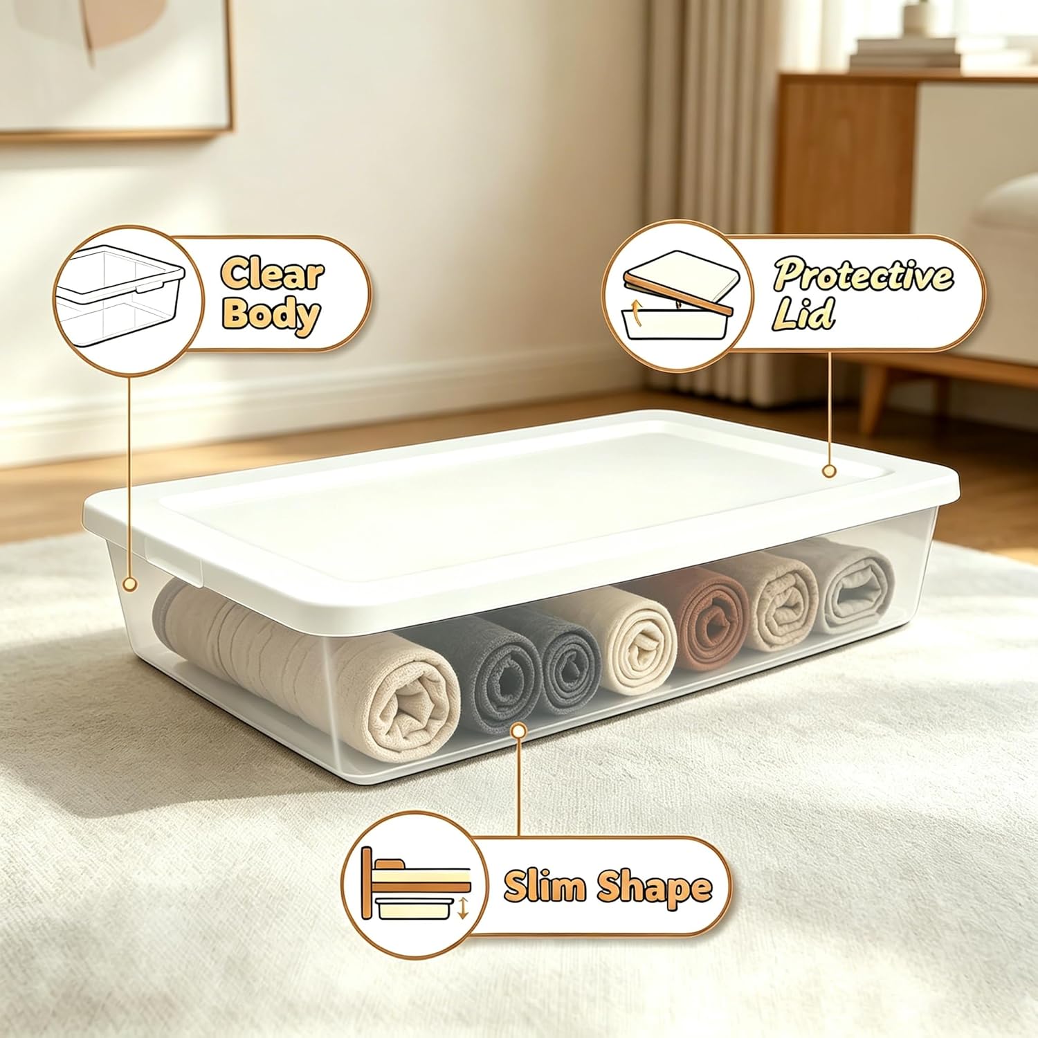 41 Quart Under Bed Storage Containers, Clear, White, 2 Pack | Rigid Plastic, Snap-On Lid, Stackable, Flat Organizer Boxes