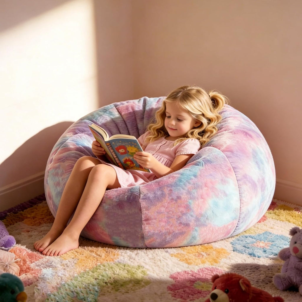Modern Soft Fluffy Bean Bag Chair With Faux Rabbit Fur Cover, Memory Foam Bean Bag Chairs For Kids Teens, Furry Fuzzy Faux Fur Fabric Beanbag, Round Rainbow Plush Sofa For Bedroom, Living Room, Dorm