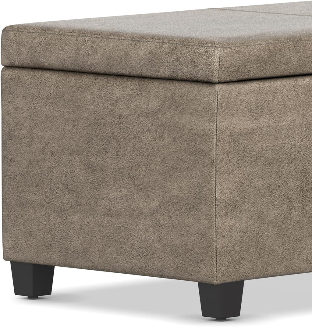 SIMPLIHOME Avalon Storage Ottoman Bench - 48" Wide x 16" High Upholstered Vegan Leather Rectangular Lift-Top Ottoman in Distressed Smoky Grey Brown, Transitional Storage Bench with High-Density Foam