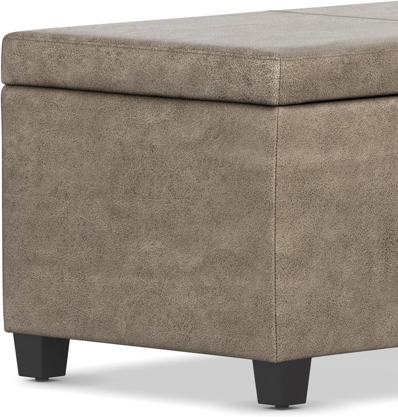 SIMPLIHOME Avalon Storage Ottoman Bench - 48" Wide x 16" High Upholstered Vegan Leather Rectangular Lift-Top Ottoman in Distressed Smoky Grey Brown, Transitional Storage Bench with High-Density Foam