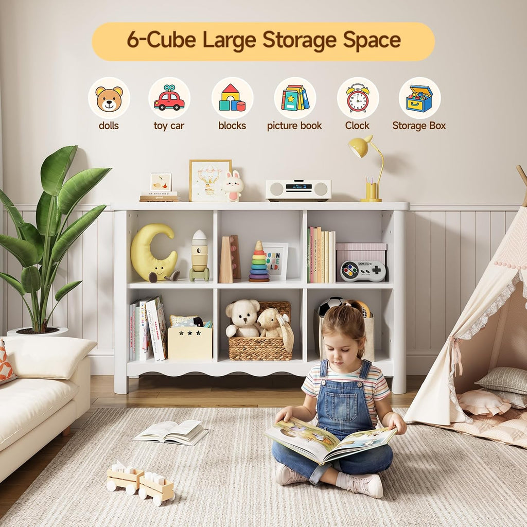 6 Cube Storage Organizer, 28 Inch Kids Low Storage Cabinet, Toddler Toy Storage Bookcase and Bookshelf for Kids Rooms, Playroom, Nursery, Living Room, Rounded Corners & Anti-Tip