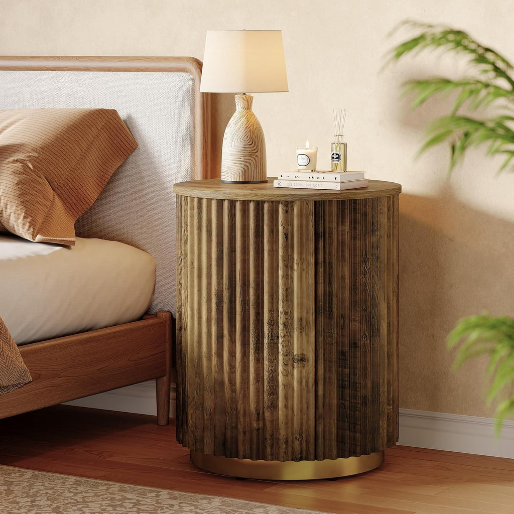 Tribesigns Fluted Round Side Table, Small Bedside Table for Sofa, Wooden Nightstand for Small Spaces, Living Room, Bedroom (1, Rustic Brown)
