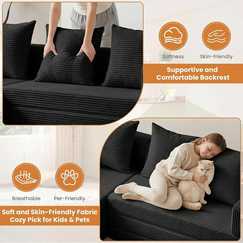65" Boneless Couch,Convertible Sleeper Sofa Bed, Modular Sectional Sofa, Modern Tri-Folding Cloud Couch with L-Shape Chaise, Corduroy Futon Couches for Living Room Small Spaces Apartment,No Assembly