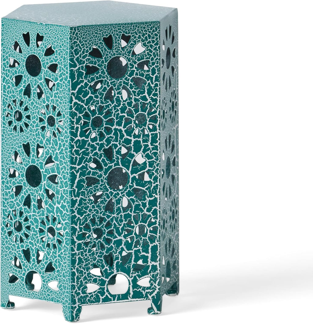 Eliana 12" Hexagonal Metal Side Table, Teal Crackle Finish Boho Accent Table with Cutout Floral Design, Sturdy Iron End Table for Living Room Bedroom Patio Decor