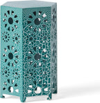 Eliana 12" Hexagonal Metal Side Table, Teal Crackle Finish Boho Accent Table with Cutout Floral Design, Sturdy Iron End Table for Living Room Bedroom Patio Decor