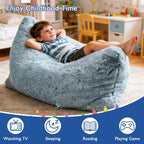 3 in 1 Kids Bean Bag Chair Bed, Kids Fluffy Stuffed Floor Pillow for Gaming and Reading, Ultra Soft Faux Fur Fabric Bean Bag Chairs to Lounger for Playroom, Living Room, Bedroom, Gray
