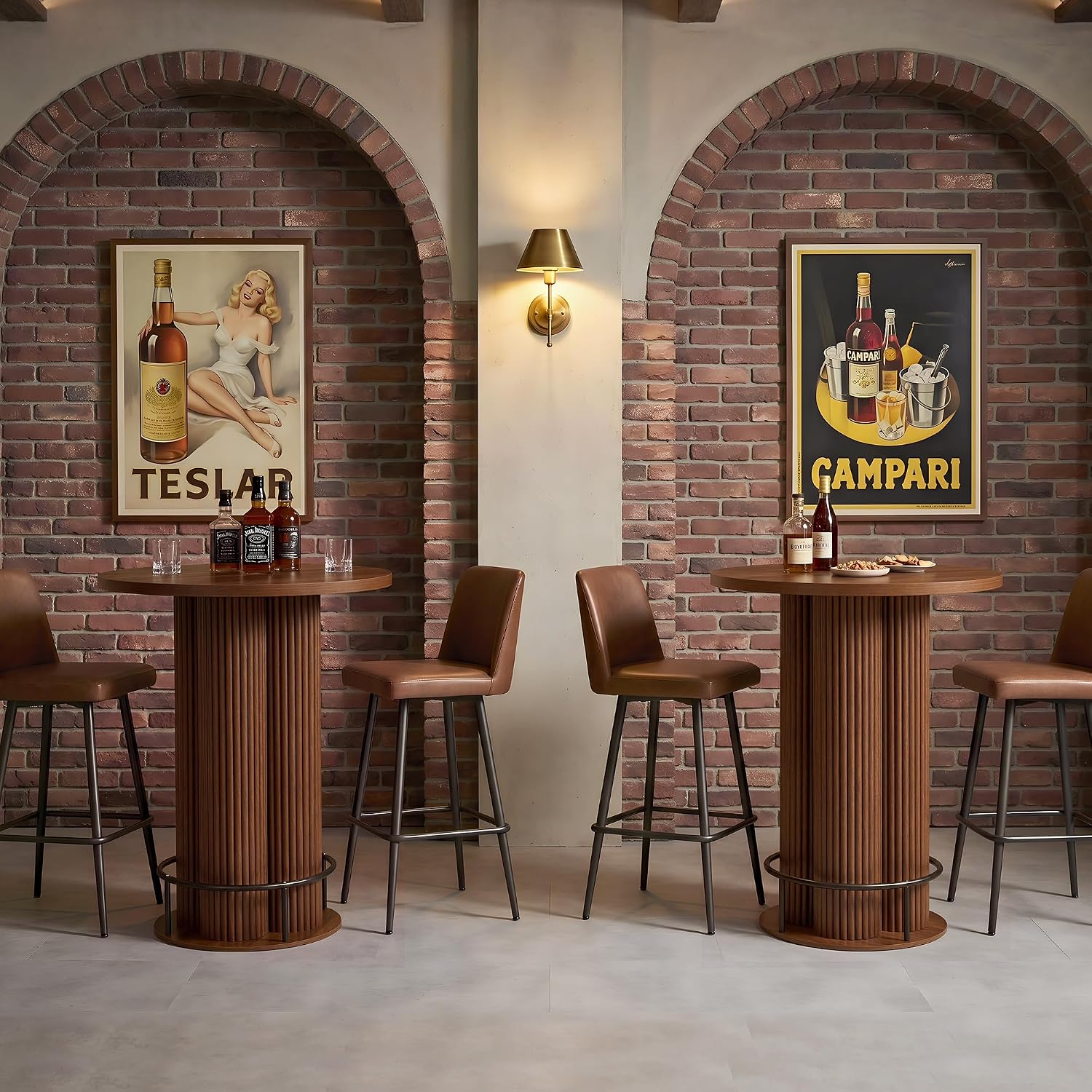 Bar Table, 39.37" H Round Bistro Table Fluted Pub Table with Base & Metal Ring Footrest Wood Cocktail Desk for Patio, Coffee House, Living Room, Kitchen, Small Space [Chairs Not Included]