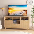 58" Coffee Bar Cabinet with Storage and Drawers, Large Sideboard Buffet Cabinet with Charging Station, Adjustable Lighting, 2 Doors and Open Shelves, Fluted Panel, Natural Oak