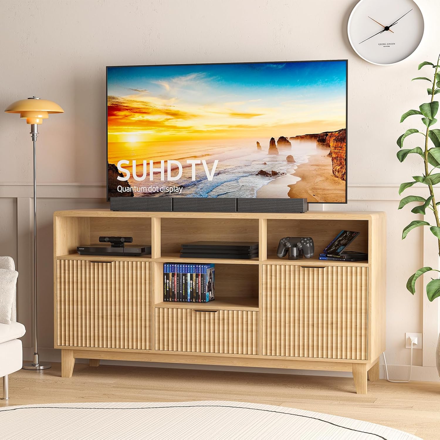58" Coffee Bar Cabinet with Storage and Drawers, Large Sideboard Buffet Cabinet with Charging Station, Adjustable Lighting, 2 Doors and Open Shelves, Fluted Panel, Natural Oak