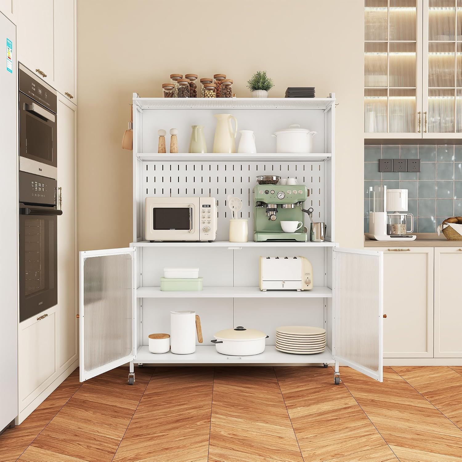 Rolling Kitchen Pantry Cabinet with 2 Glass Doors & Adjustable Shelves, Freestanding Metal Storage Credenza Organizer Utility Cupboard for Pantry, Kitchen, Bathroom,White