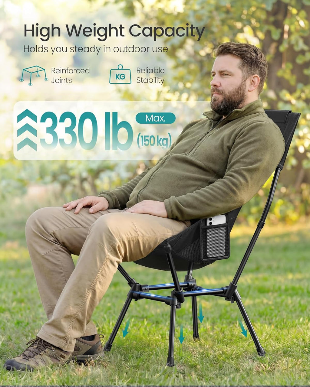 SONGMICS Camping Chair, Lightweight Folding Beach Chair, Adjustable Height, Steel Frame, Portable for Outdoor Travel