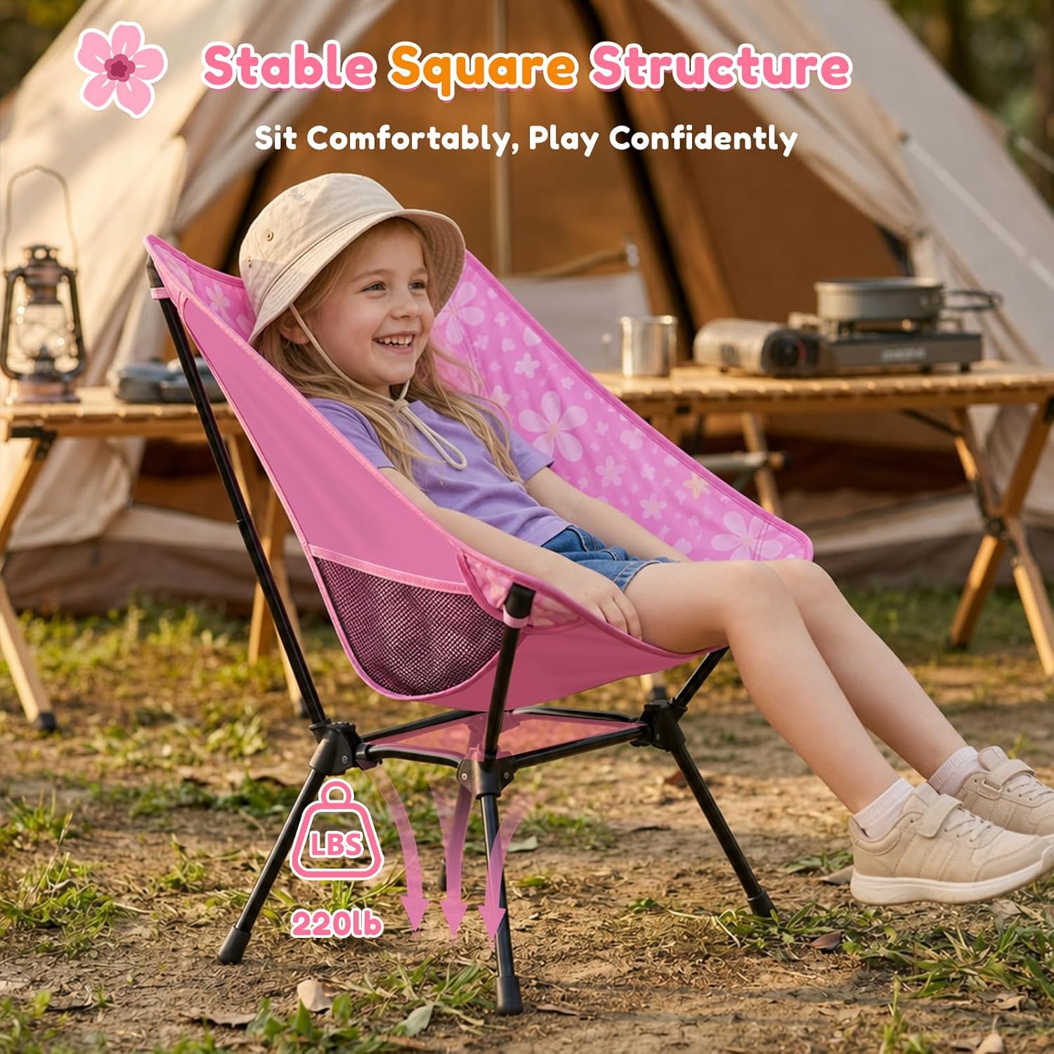 Kids Camping Chair, Kids Beach Chair, Flowers, Carry Bag | Lightweight kids folding chair for camping and beach adventures, perfect as a toddler beach chair with durable steel frame.