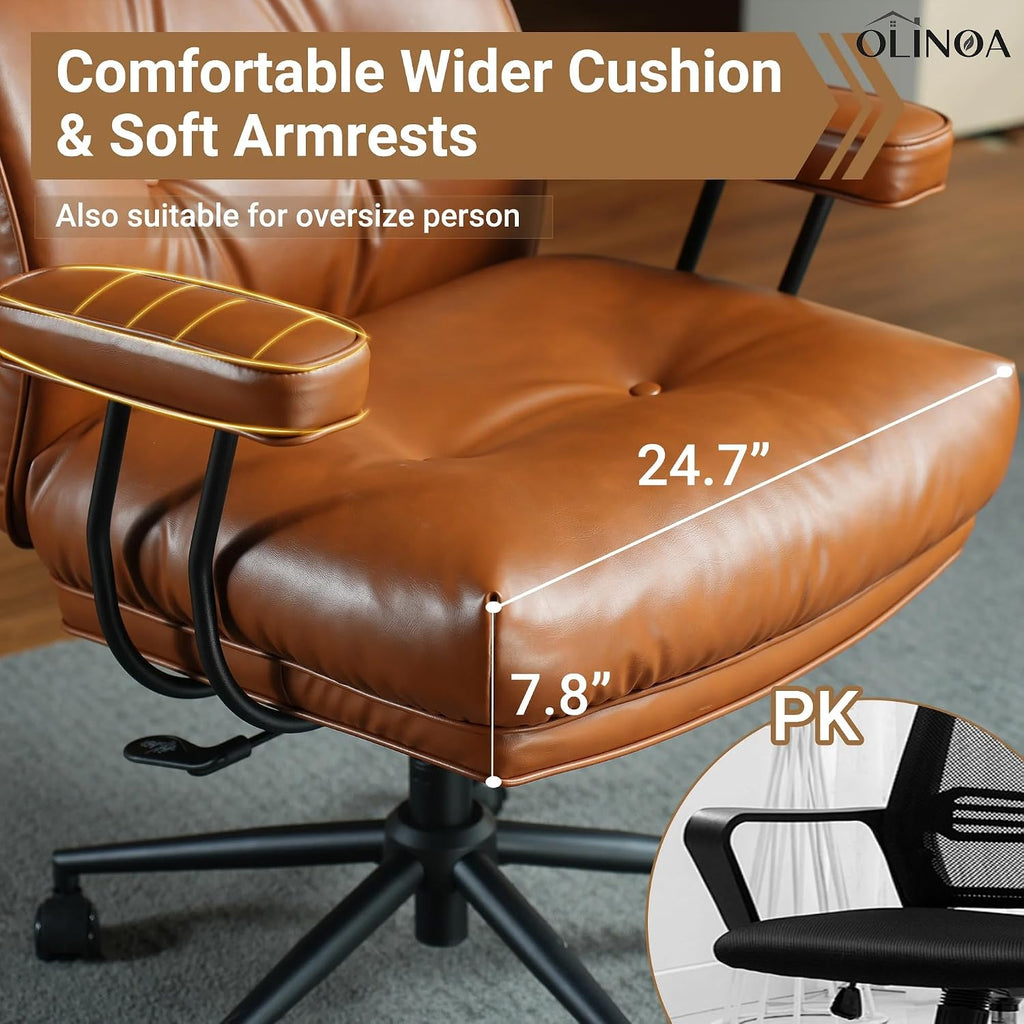 OLINOA PU Leather Office Chair High Back Ergonomic Desk Chair with Lumbar Support Mid-Century Executive Computer Chair with Wheels for Home Office, Brown