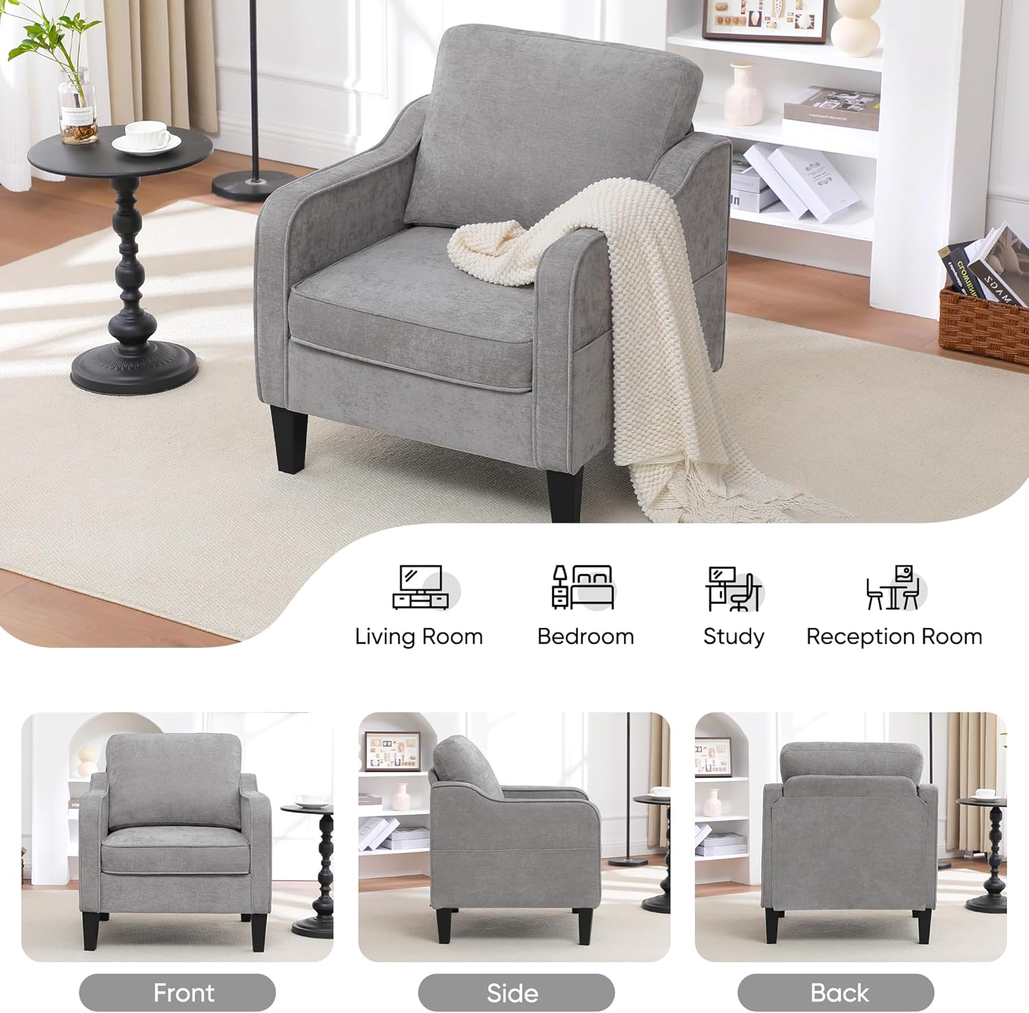 Accent Chair for Living Room, Mid Century Modern Reading Chair for Bedroom, Upholstered Armchair with Side Pockets, Comfy Single Sofa Side Chair for Office, Apartment, Small Room, Light Grey