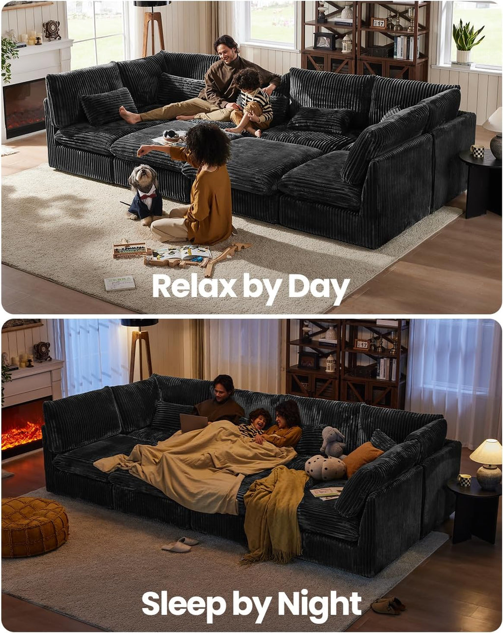 CHIC HOUSE 84" Oversized Corduroy Modular Sectional Sofa, Extra Deep 3-Seater Sofa Fluffy Cloud Couch with Ottoman, Sectional Sleeper Sofa for Living Room, L-Shaped, Plush Corduroy, Black
