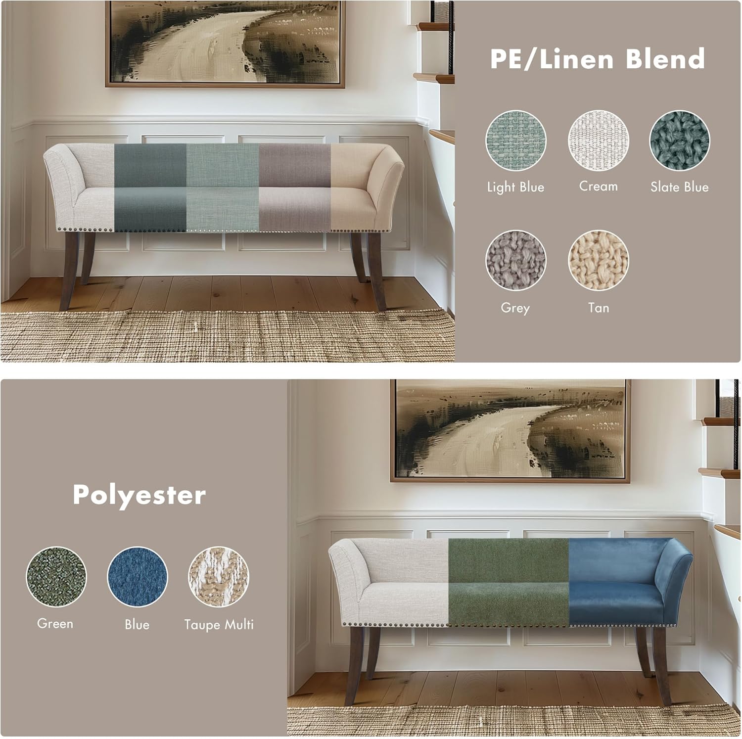 Madison Park Accent Bench for Living Room, Upholstered with Nailhead Trim, & Padded Seat Entryway Bench Small, End of Bed Bench with Back, 49.5" W x 19.25" D x 23" H, Taupe Multi