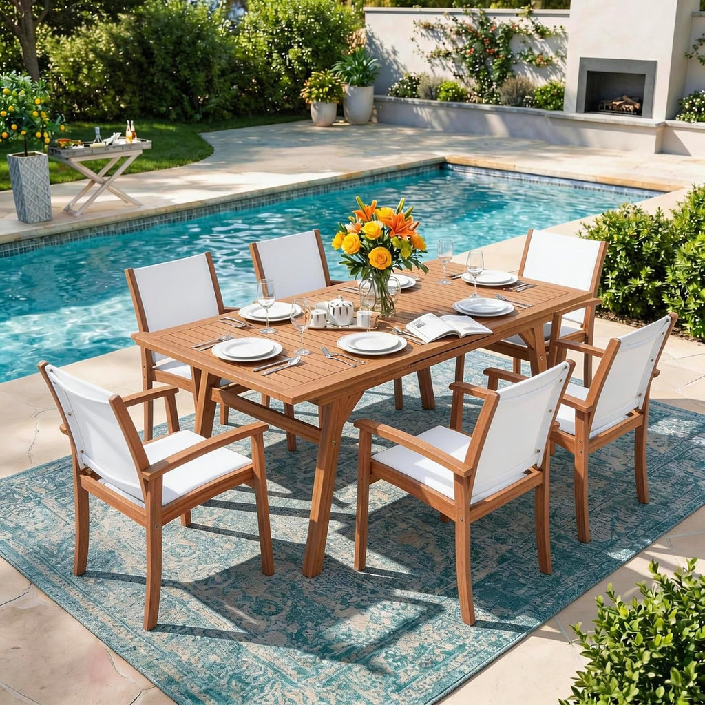 Acacia Wood Patio Dining Chairs Set (White, 8 Pieces) | Outdoor Chair Set with Breathable Textilene Fabric, Metal Support Bars, Curved Armrest, Supports 350lbs For Lawn, Garden