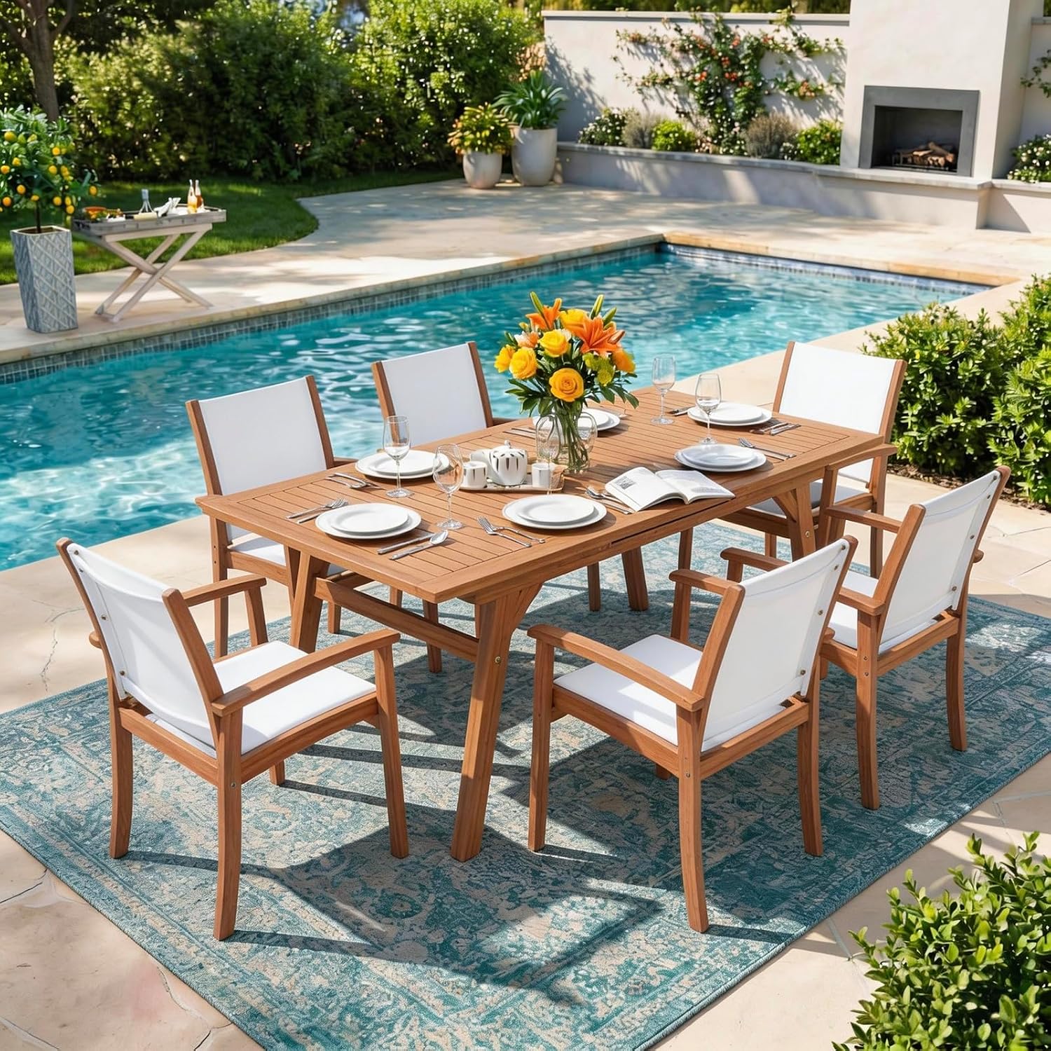 Acacia Wood Patio Dining Chairs Set (White, 8 Pieces) | Outdoor Chair Set with Breathable Textilene Fabric, Metal Support Bars, Curved Armrest, Supports 350lbs For Lawn, Garden