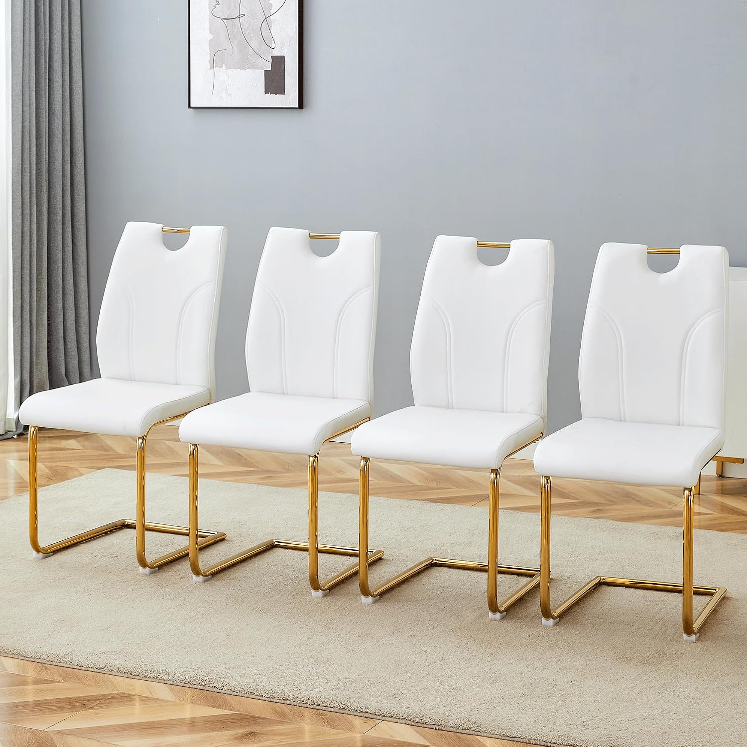 White Dining Chairs Set of 4,Modern Faux Leather Kitchen Chairs,Chrome Gold Legs,Easy to Clean,Dining Room,Office