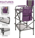 LANMONTAIN Folding Tall Director Chairs,30.7'' Seat High Makeup Solan Chairs,Portable Camping Chair w/Side Table Functional Pocket and Footrest,Comfy Bar Stool Heavy Duty Supports 350 Lbs,Purple