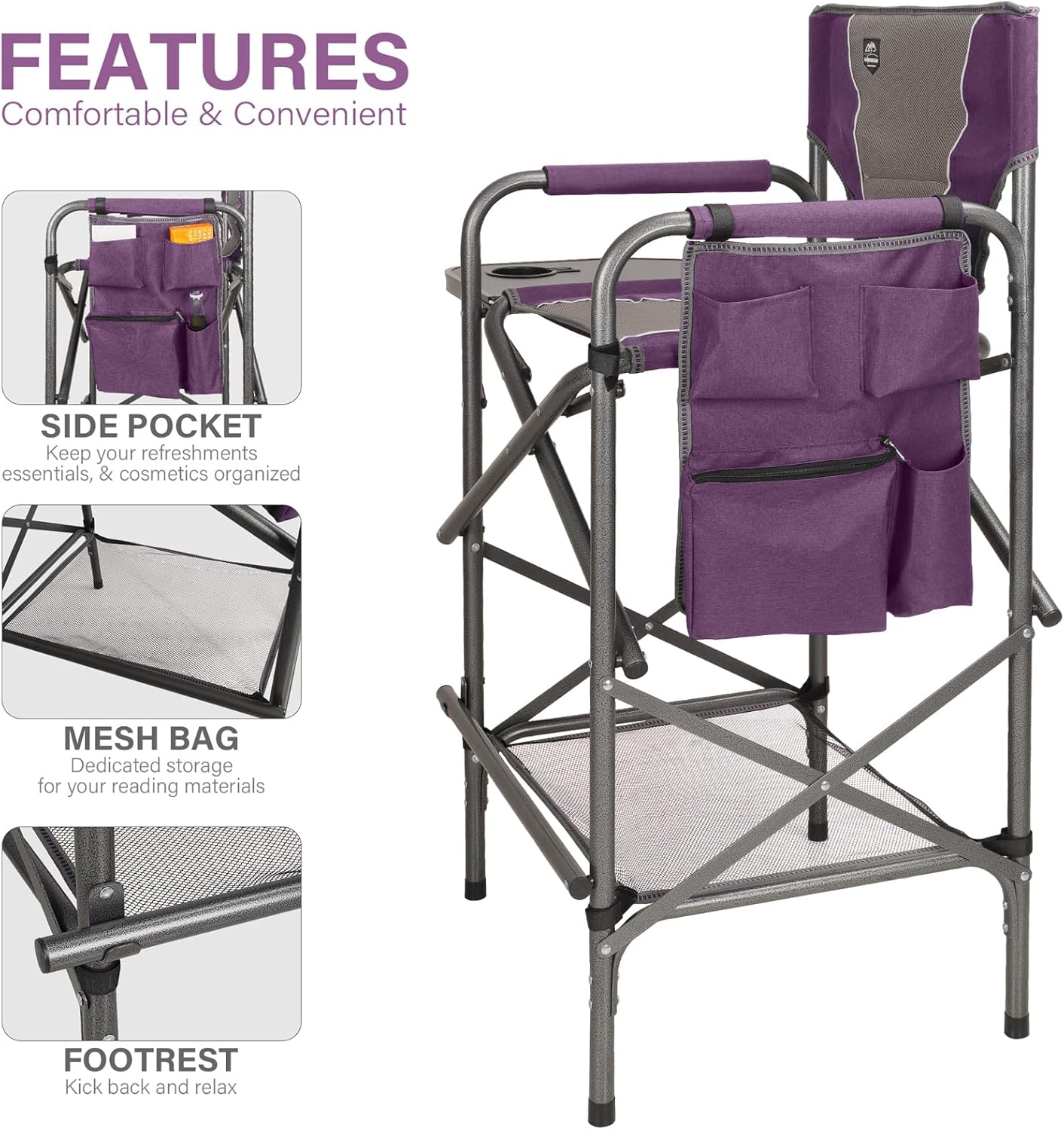 LANMONTAIN Folding Tall Director Chairs,30.7'' Seat High Makeup Solan Chairs,Portable Camping Chair w/Side Table Functional Pocket and Footrest,Comfy Bar Stool Heavy Duty Supports 350 Lbs,Purple