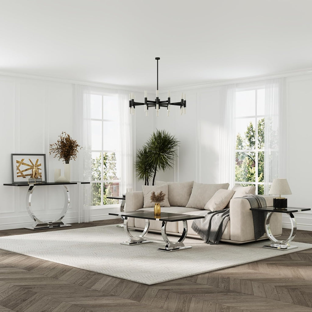 Asday Black End Table, Modern Wood Side Table, Silver End Table with U-Shaped Stainless Steel Base