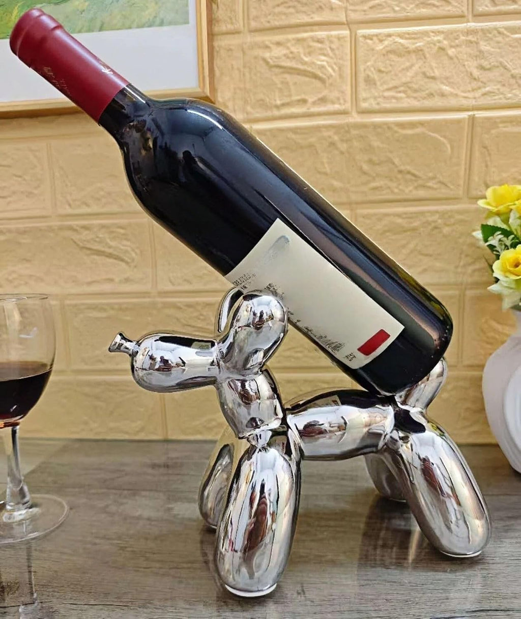 Creative Balloon Dog Wine Bottle Holder Doubles as Standalone Statue Decor and Bookend for Dog Lovers,Modern Decoration for Kitchen,Living Room,and Bar,Ceramic,Metallic Chrome Silver