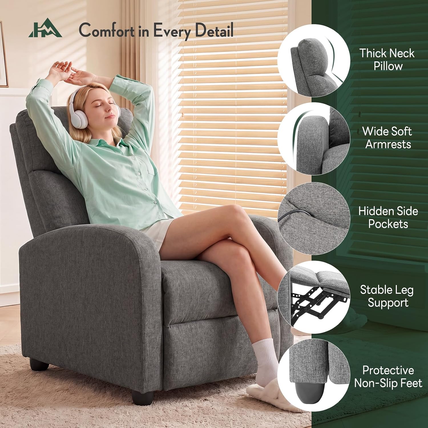 Recliner Chair, Recliner Sofa Fabric for Adults, Recliners Home Theater Seating with Lumbar Support, Reclining Sofa Chair for Living Room, Gray