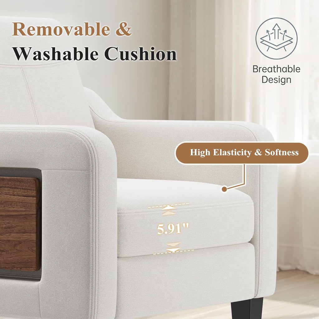 Accent Chairs Set of 2 for Living Room, Mid-Century Upholstered Armchair with Foldable Table & 2 Side Pockets, Modern Linen Wooden Sofa Chair for Bedroom & Reading Room, Beige