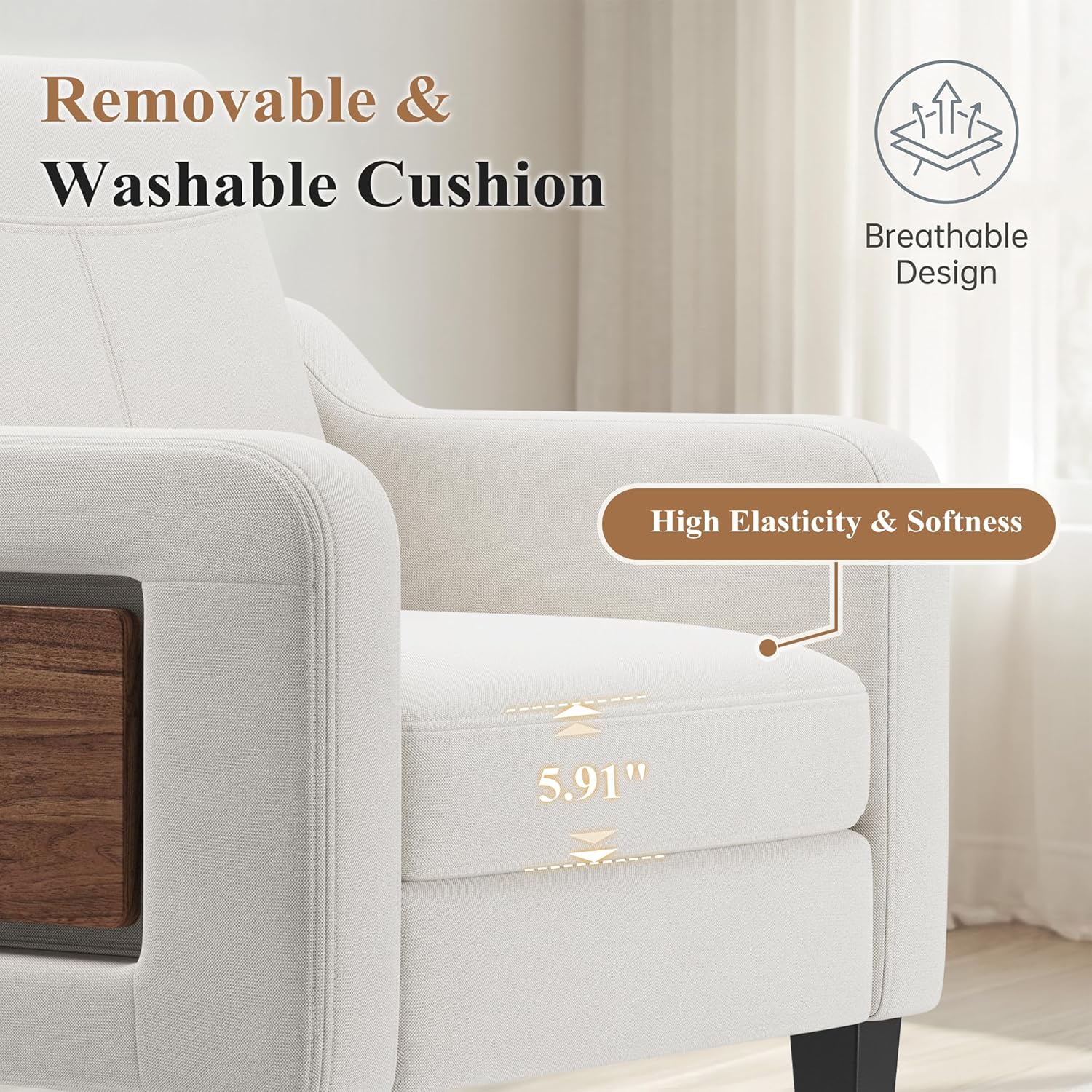 Accent Chairs Set of 2 for Living Room, Mid-Century Upholstered Armchair with Foldable Table & 2 Side Pockets, Modern Linen Wooden Sofa Chair for Bedroom & Reading Room, Beige