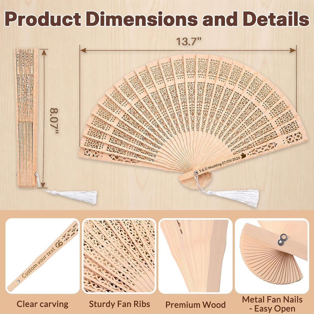 100 Pcs Custom Engraved Hand Fans for Wedding Guests, Personalized Wooden Folding Fans in Bulk, Ideal Favors for Bridal Shower, Baby Shower or Summer Party
