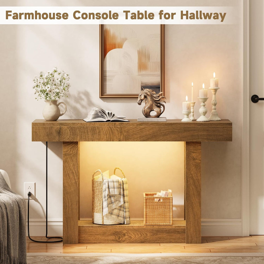 LIFECHOVY 47.2" Entryway Table with Outlet, 2-Tier Narrow Console Table with Sensor Light, Behind the Couch Sofa for Hallway/Living Room/Entrance, Natural Oak