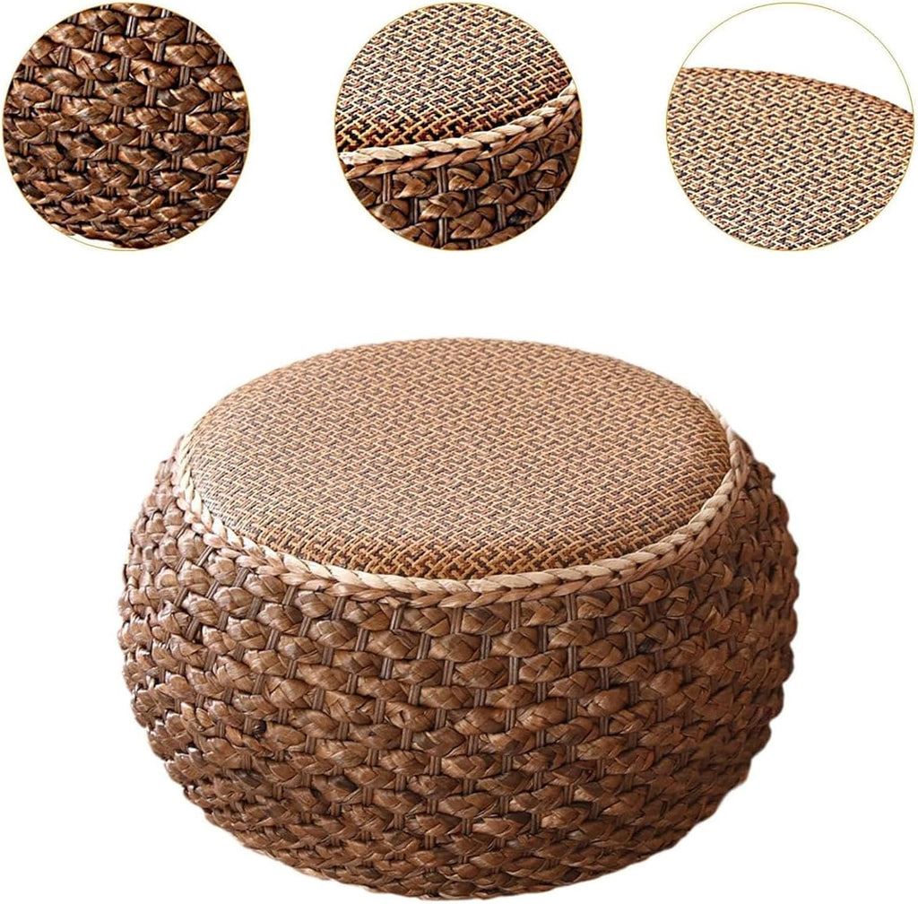 Small Round Ottoman Footrest Stool with Cushion Boho Decorative Accent Seat for Living Room Entryway Footrest Pouf Hand Knitted(37cm/14.5in)